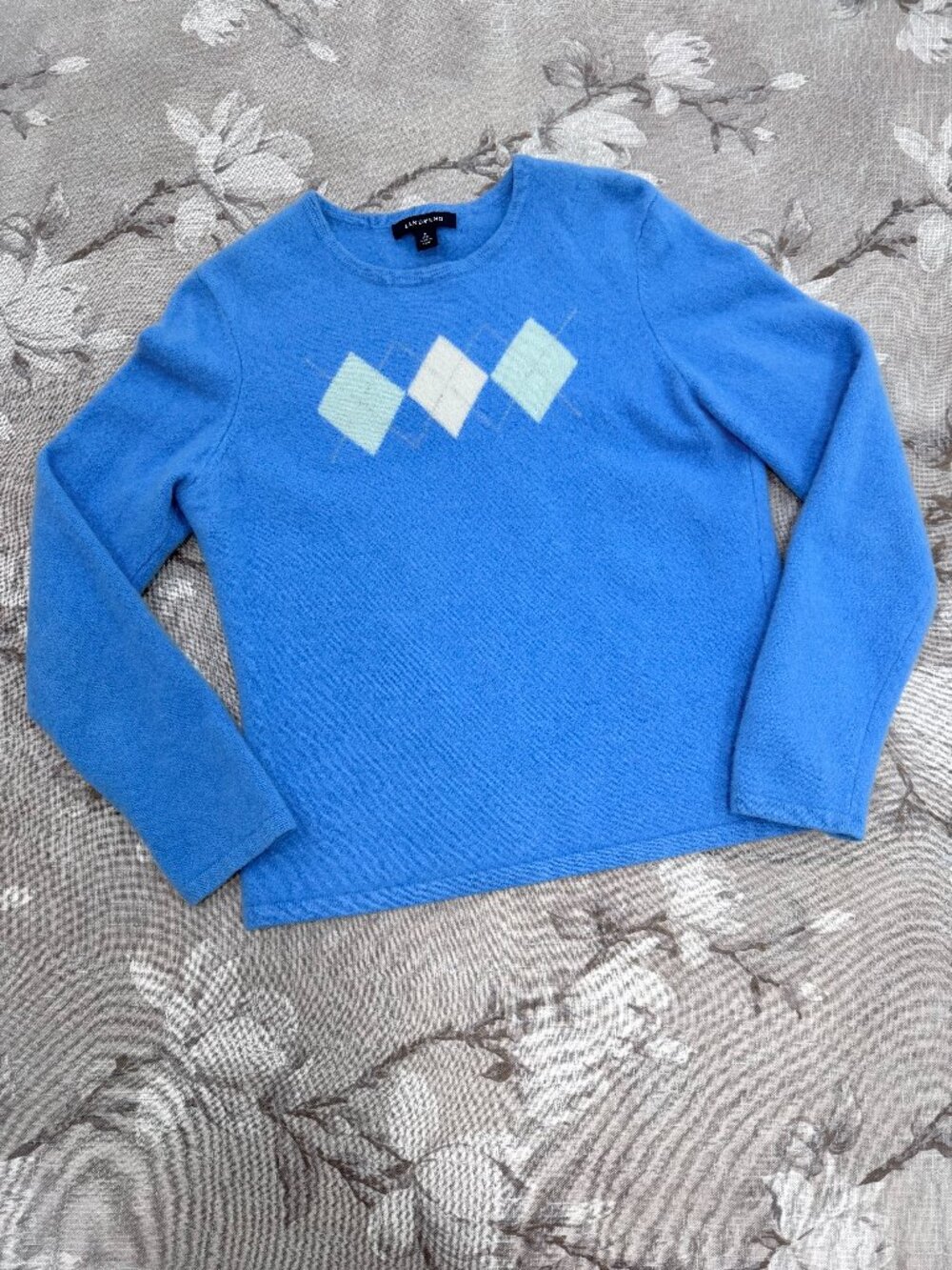 Lands’ End 100% Cashmere Blue Argyle Sweater M Soft Luxury Knit - Picture 4 of 10